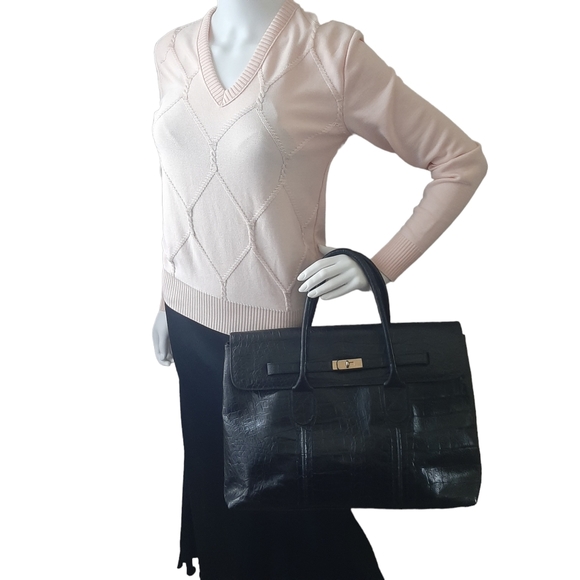 BOL-PERDIX Croc Embossed Leather Flap Front Large Satchel Black - Picture 3 of 12